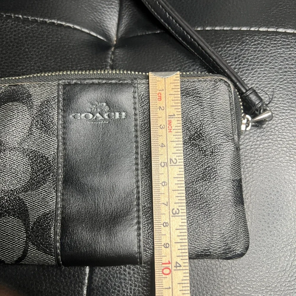 Coach Black Signature Monogram Leather Trim Wristlet Pouch Wallet